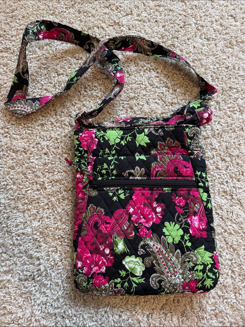 Quilted Crossbody Bag in Black with Pink & Green Floral Print